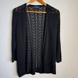 August Silk Women's Sheer Knit 3/4 Sleeve Open Front Cardigan Cover-up Black M